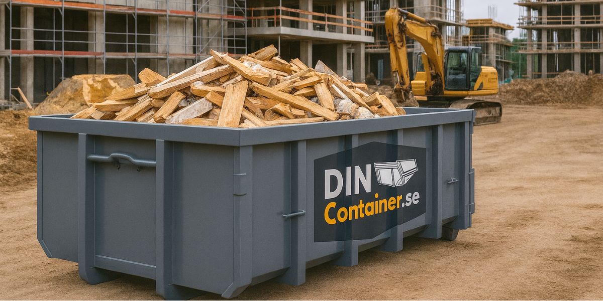 törre byggcontainer från Din Container vid ett kommunalt byggprojekt – används vid direktupphandling för avfallshantering.