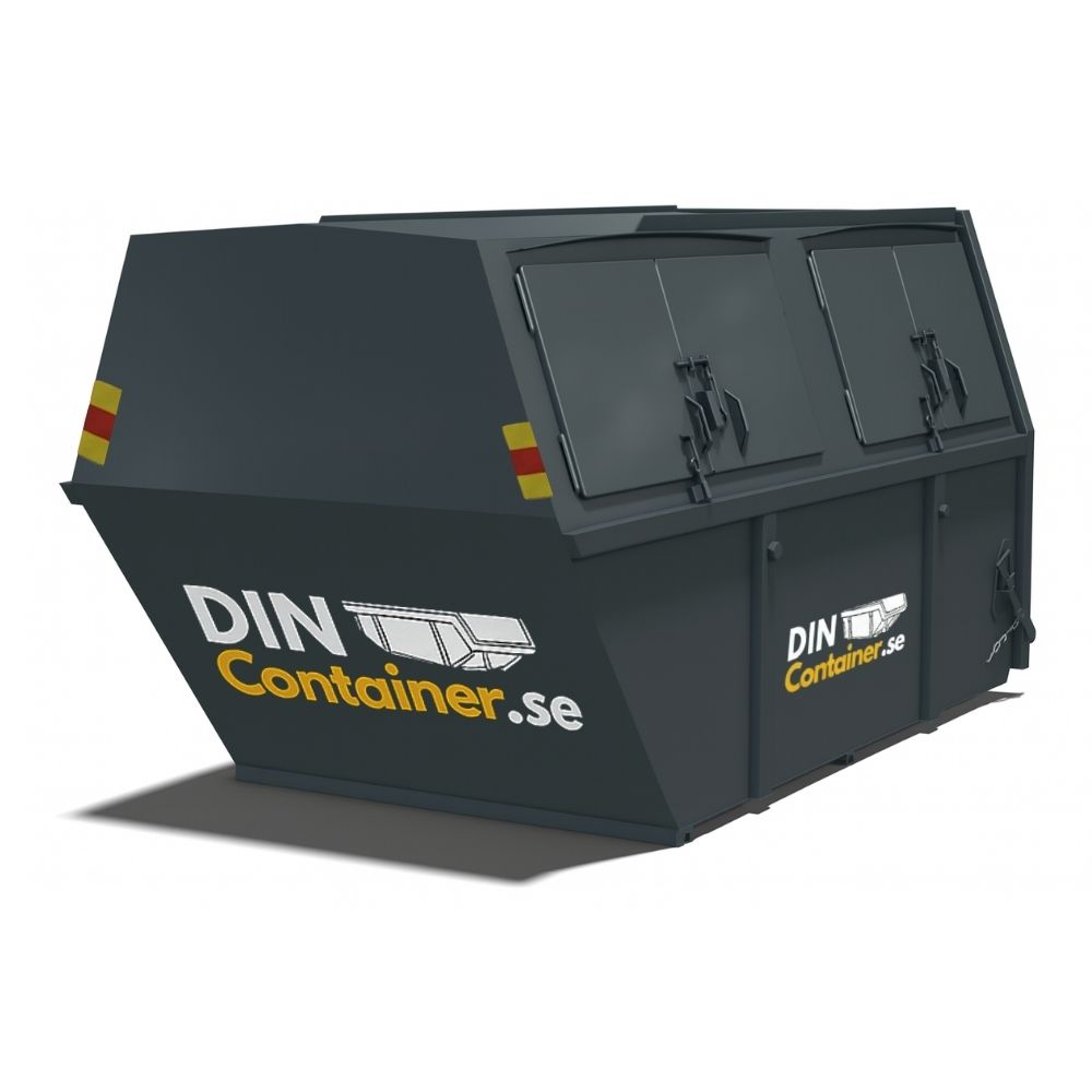 Täckt Liftdumpercontainer 10 m³ i grått med luckor – Bäst för säker förvaring av känsligt avfall. dinContainer.se.