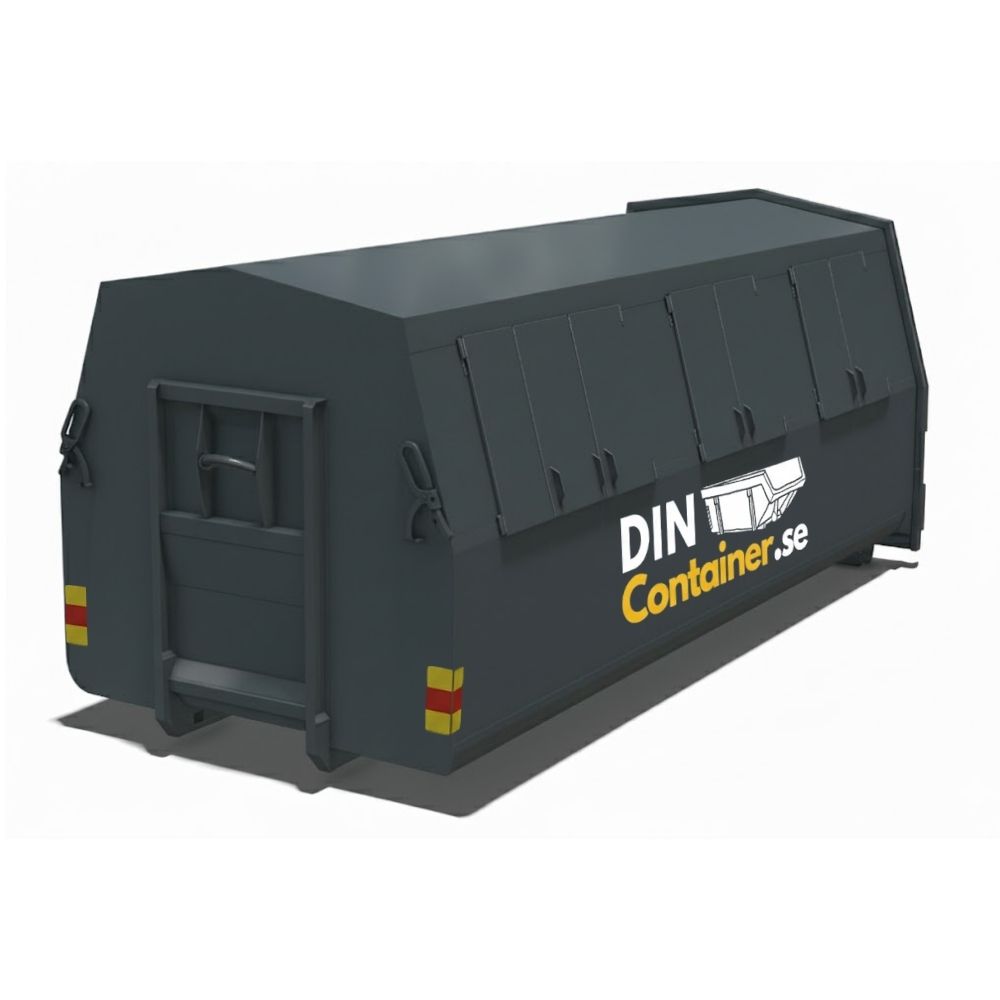 Stor 25 m³ täckt Lastväxlarcontainer med låsfunktion i grått – För säker hantering av känsligt industriavfall. dinContainer.se.
