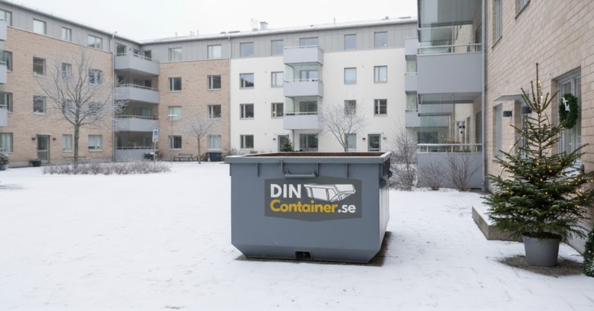 Grå container med DinContainer.se-logotyp placerad på en innergård vid en bostadsrättsförening under vintern – används för julstädning och insamling av granar och brännbart avfall.