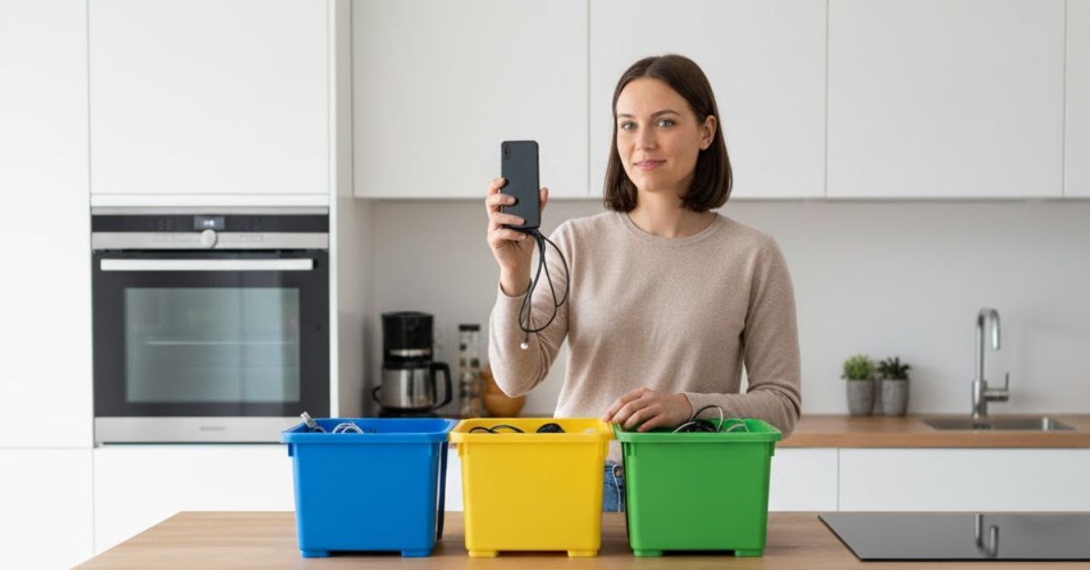 Kvinna sorterar elavfall i färgade behållare i ett kök och håller upp en mobiltelefon med laddkabel – symbol för sortering av elektronik i hushållet.