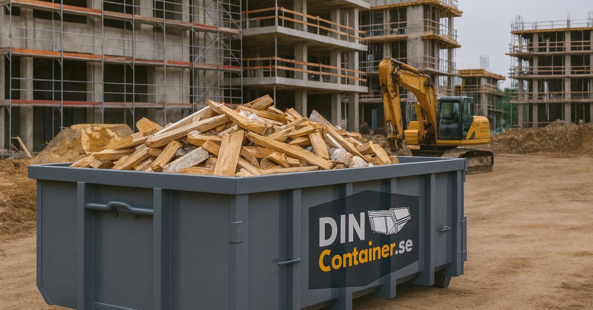 Grå container från DinContainer.se fylld med träavfall på byggarbetsplats framför ett nybygge med grävmaskin i bakgrunden. Illustration av korrekt sorterat byggavfall.
