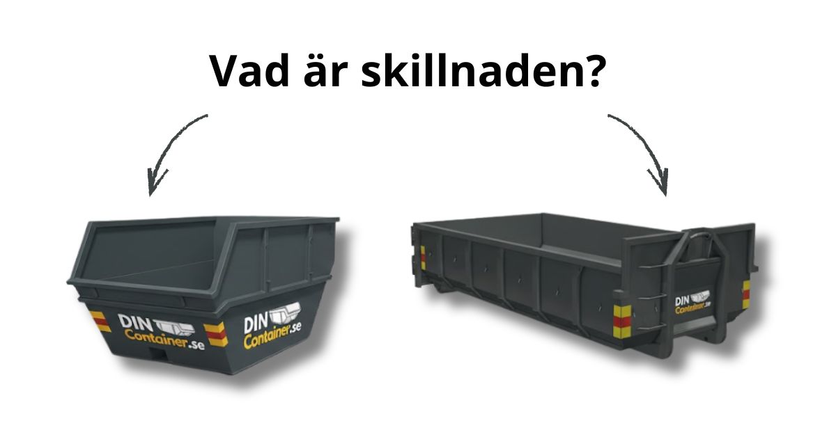 Bild som visar en person som slänger isolering i en öppen container från DIN Container.se på en villauppfart. Containern är fylld men inte överfylld.