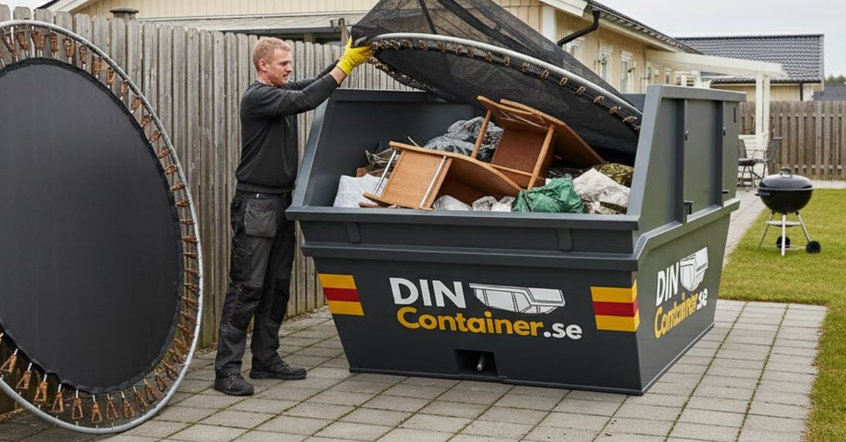 Container från DinContainer.se fylld med delar av en nedmonterad studsmatta på en uppfart, redo för bortforsling och återvinning.