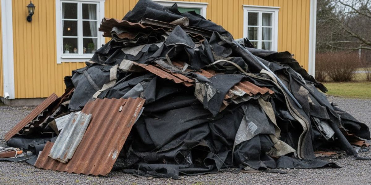 Container överfylld med gamla takpannor på byggarbetsplats – sortering och återvinning av takmaterial.