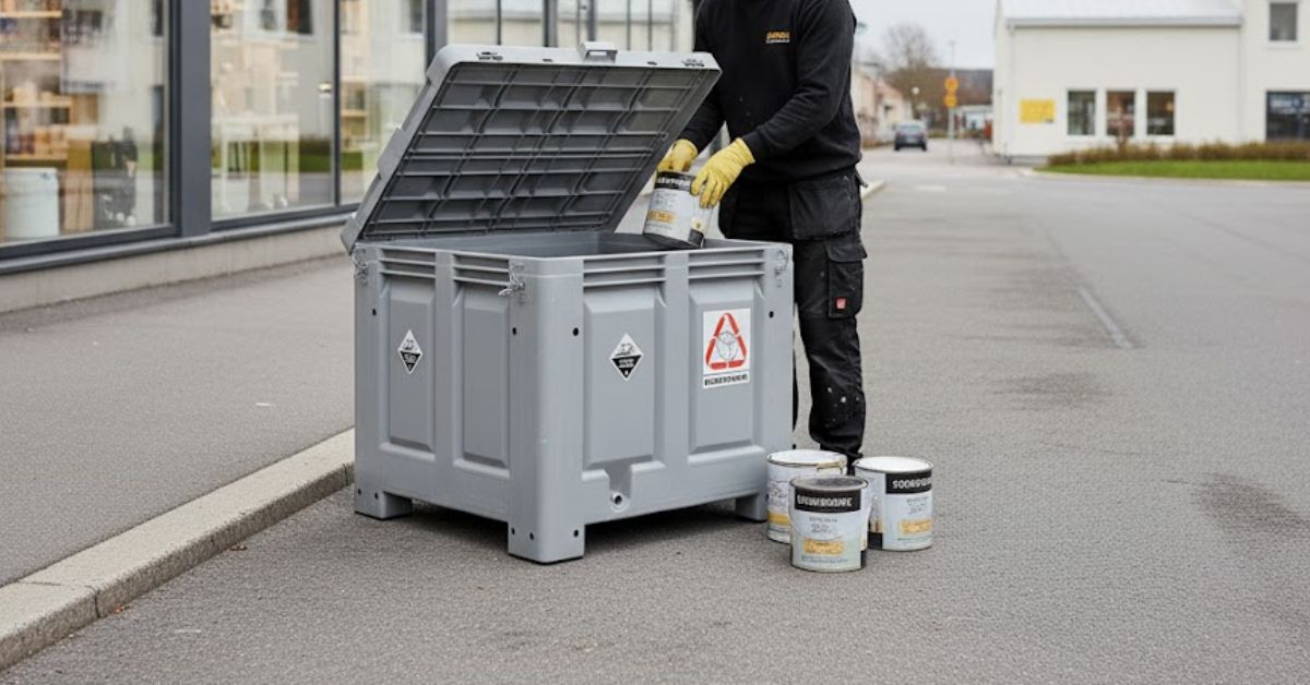 Person som lämnar färgburkar som farligt avfall i en särskild tunna utanför en färgbutik – färg får inte slängas i container.