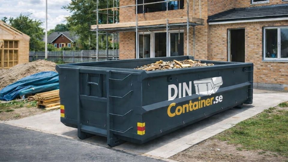 Container till husbygge utanför villa under byggnation med byggställning