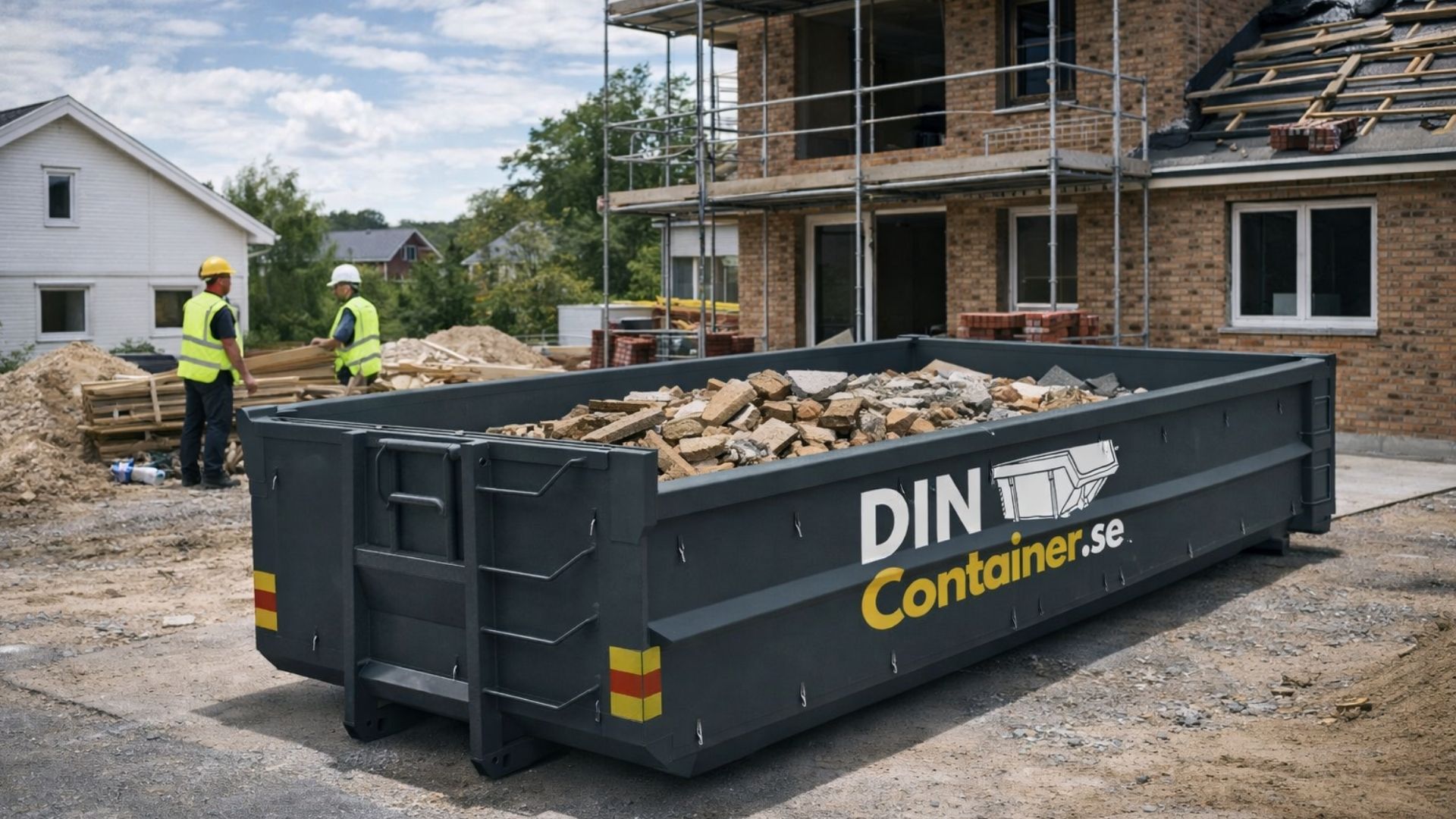 Container för byggföretag placerad på byggarbetsplats vid byggprojekt