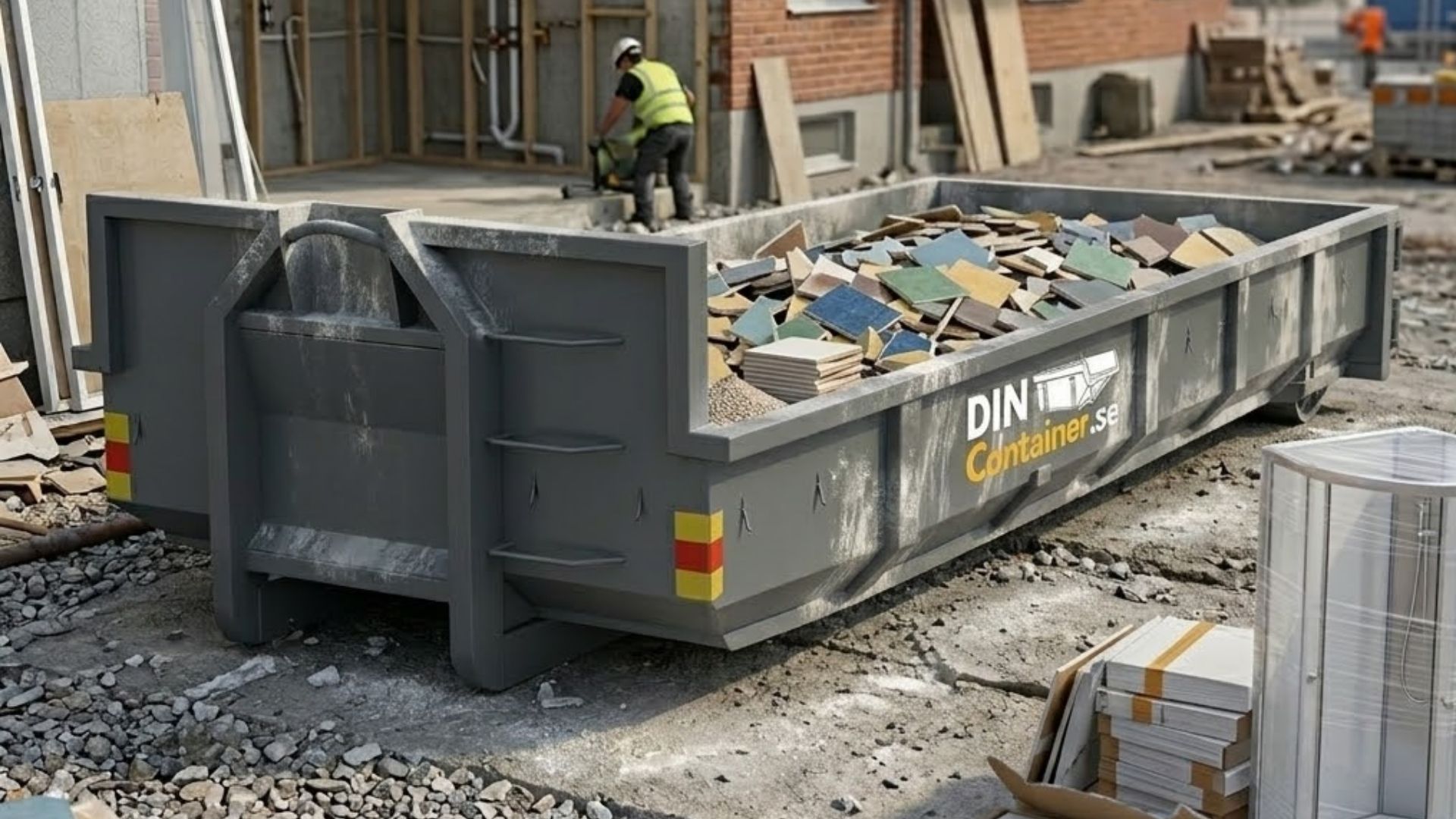Hyra container för badrumsrenovering med kakel och klinker