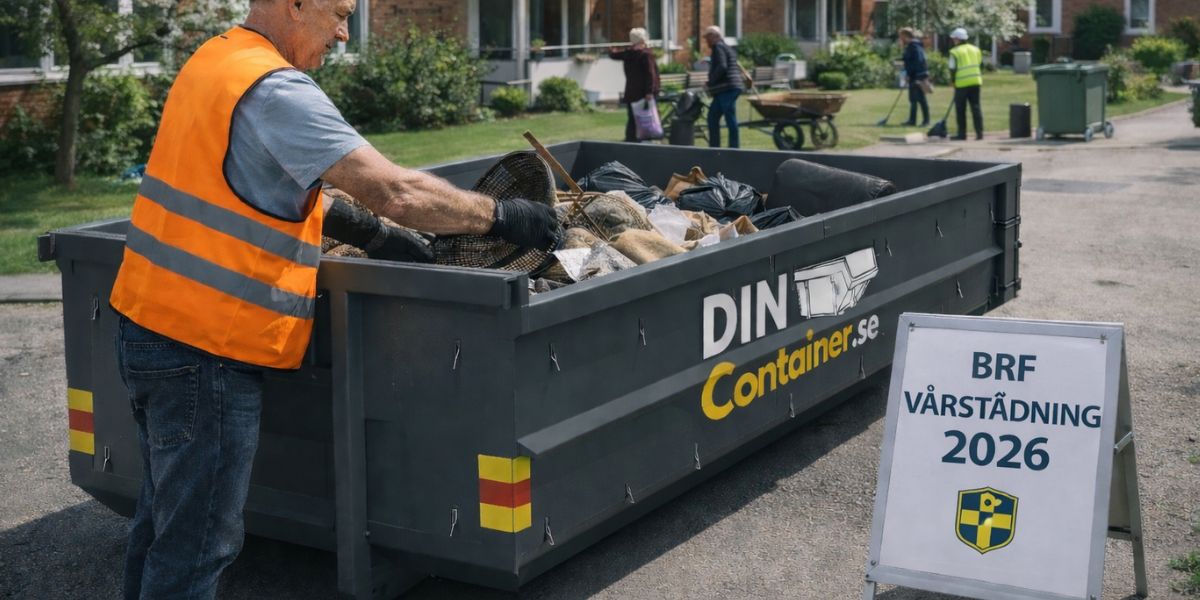 Container överfylld med gamla takpannor på byggarbetsplats – sortering och återvinning av takmaterial.