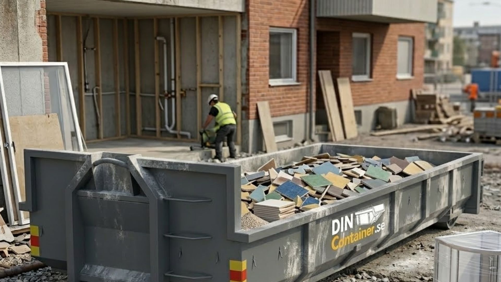 Container för köksrenovering från DinContainer fylld med köksskåp, byggmaterial och rivningsavfall vid renovering