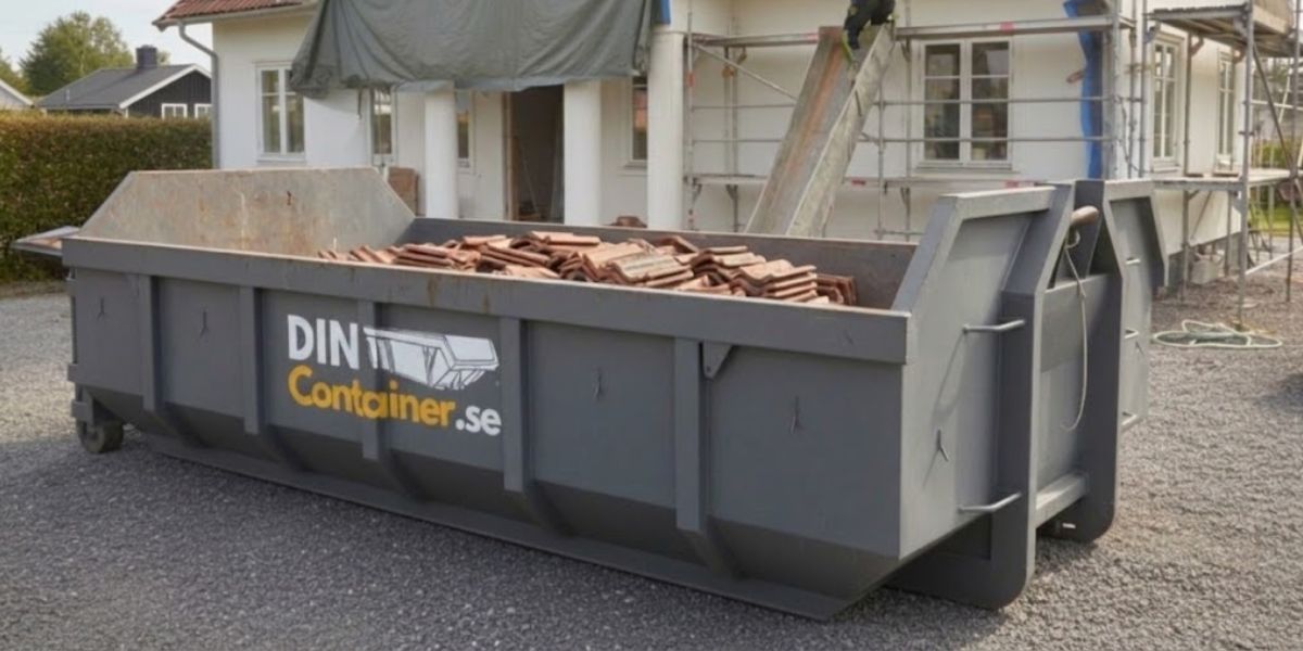 Container med gamla takpannor på byggarbetsplats – sortering och återvinning av takmaterial.